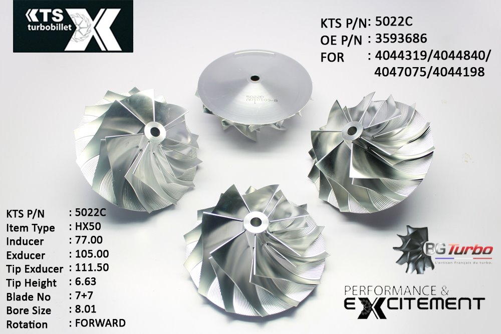 Turbo ROUE FORGÉE MFS PERFORMANCE - 7+7 PALES - INDUCER : 77 - EXDUCER : 105 - TYPE : HX50ANGLE : 50° - ROTATION : Forward - SUPER BACK : 6,27 - BORE SIZE : 8,01
